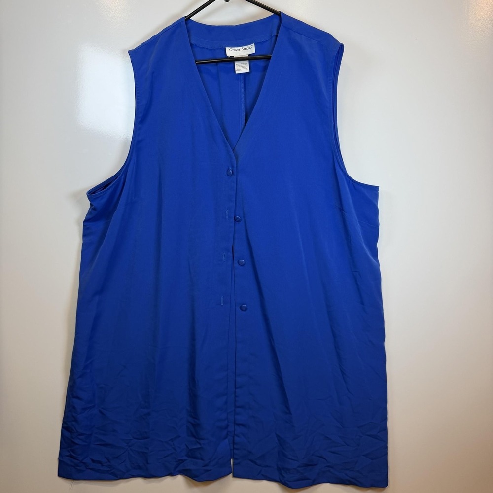 Graver Studio Vest Womens 3X Blue Button Front Collarless Long Tunic Sleeveless